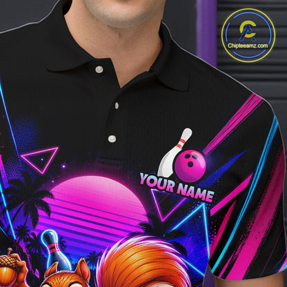 Custom Neon Retro Bowling Shirt for Men Funny Squirrel Bowling Jersey QZT1403
