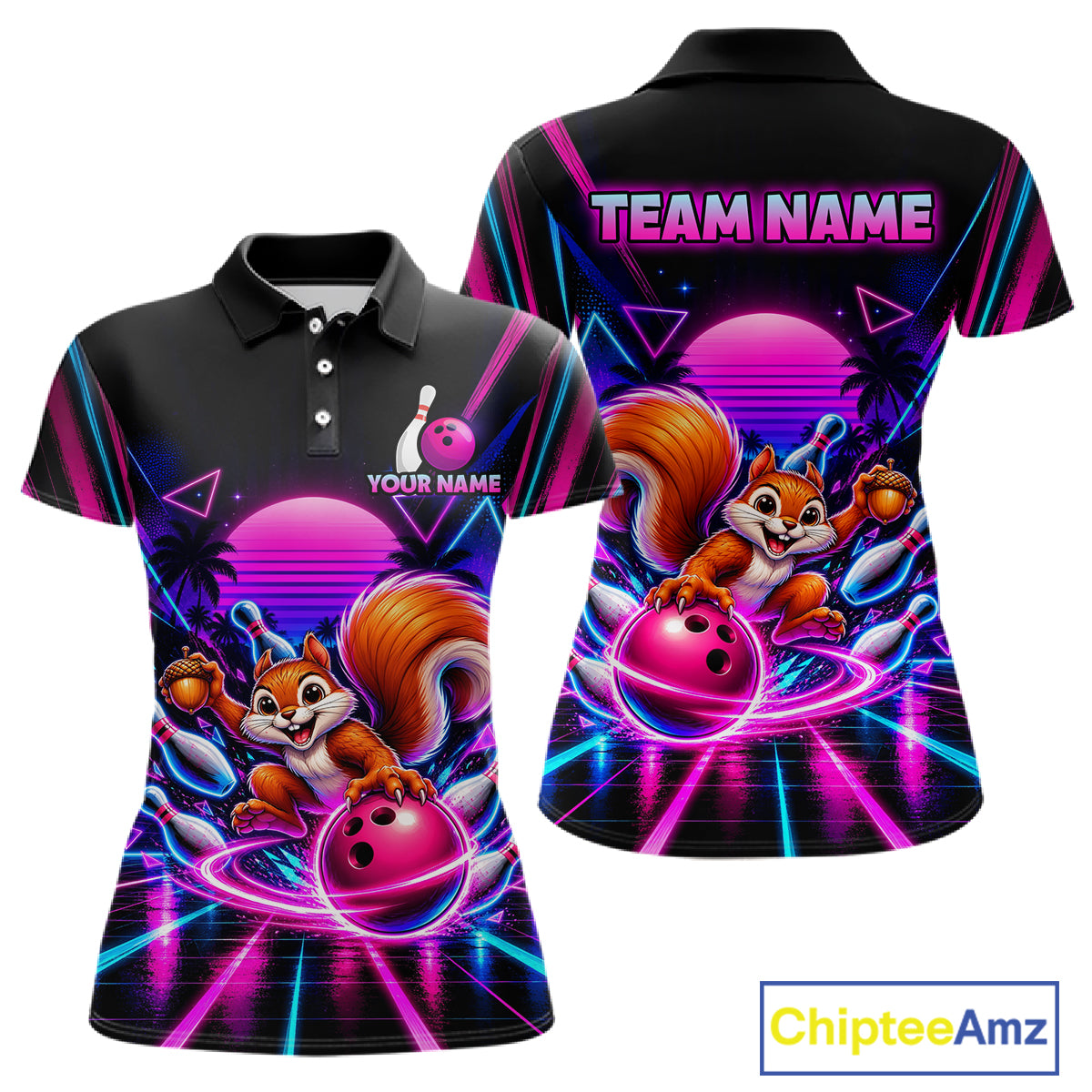 Custom Neon Retro Bowling Shirt for Women Funny Squirrel Bowling Jersey QZT1403