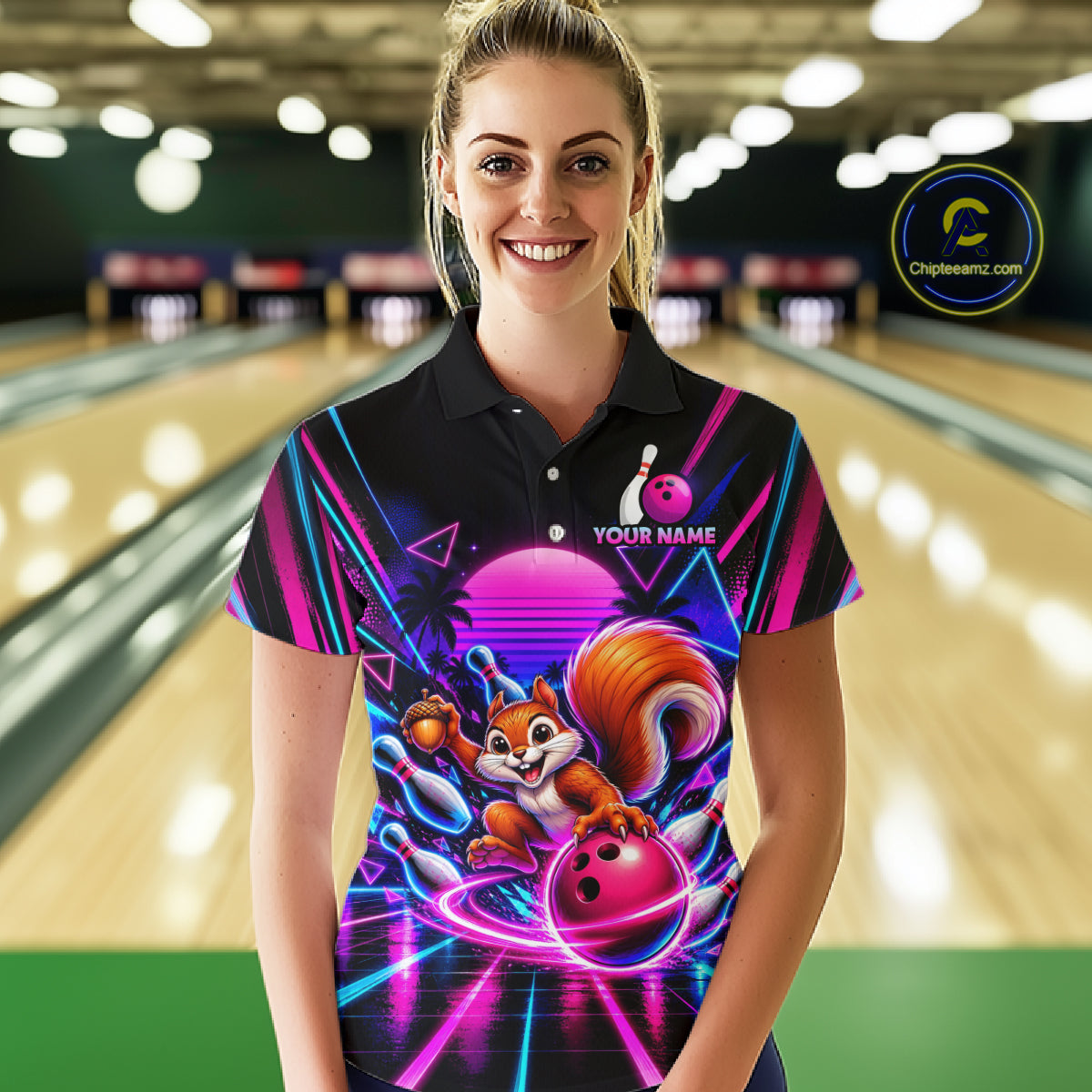 Custom Neon Retro Bowling Shirt for Women Funny Squirrel Bowling Jersey QZT1403