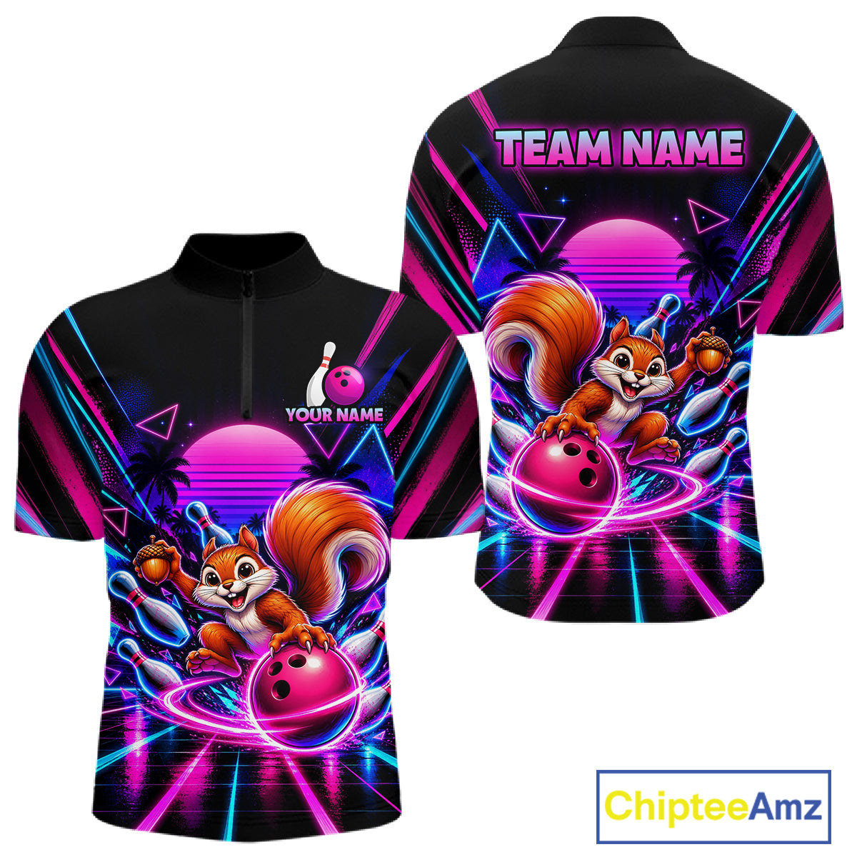 Custom Neon Retro Bowling Shirt for Men Funny Squirrel Bowling Jersey QZT1403