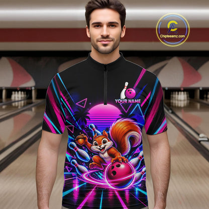 Custom Neon Retro Bowling Shirt for Men Funny Squirrel Bowling Jersey QZT1403
