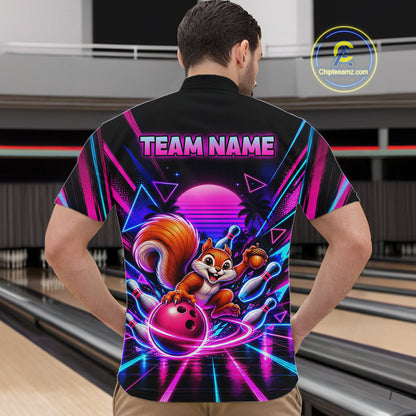 Custom Neon Retro Bowling Shirt for Men Funny Squirrel Bowling Jersey QZT1403