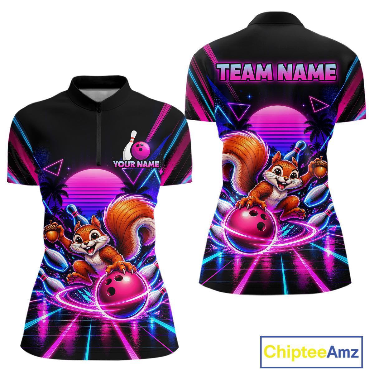 Custom Neon Retro Bowling Shirt for Women Funny Squirrel Bowling Jersey QZT1403