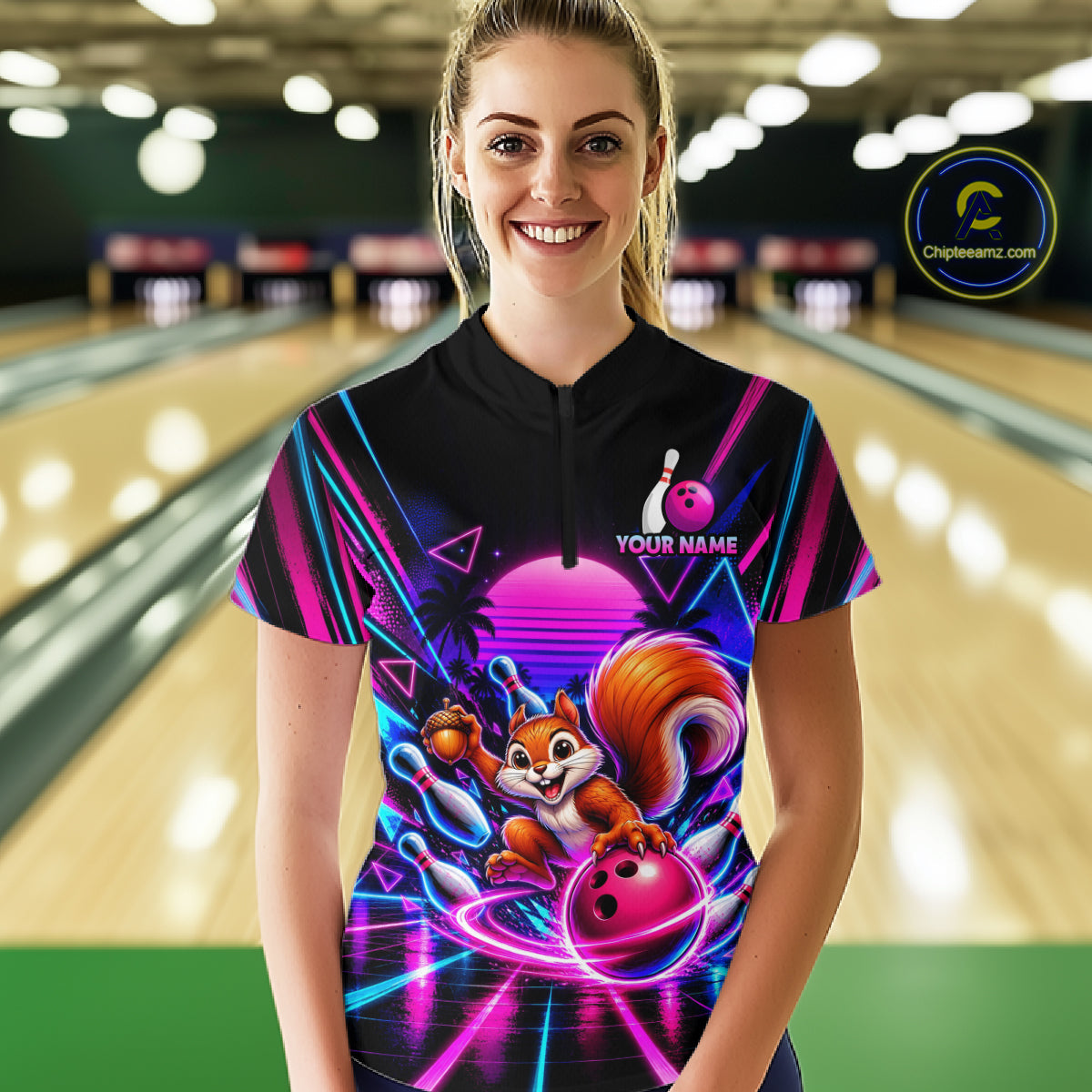 Custom Neon Retro Bowling Shirt for Women Funny Squirrel Bowling Jersey QZT1403