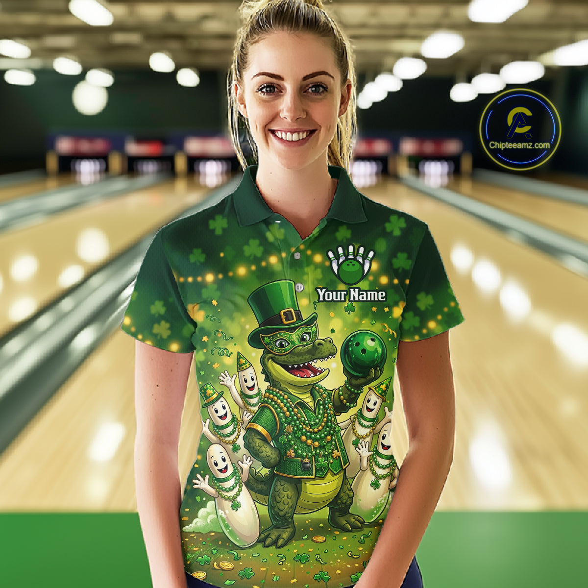 Custom Green Funny Alligator Bowling Shirt Samrock Pattern Bowling St. Patrick's Day for Women QZT935