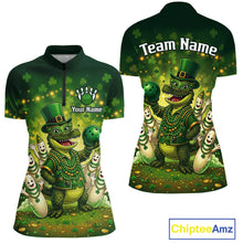 Load image into Gallery viewer, Custom Green Funny Alligator Bowling Shirt Samrock Pattern Bowling St. Patrick's Day for Women QZT935