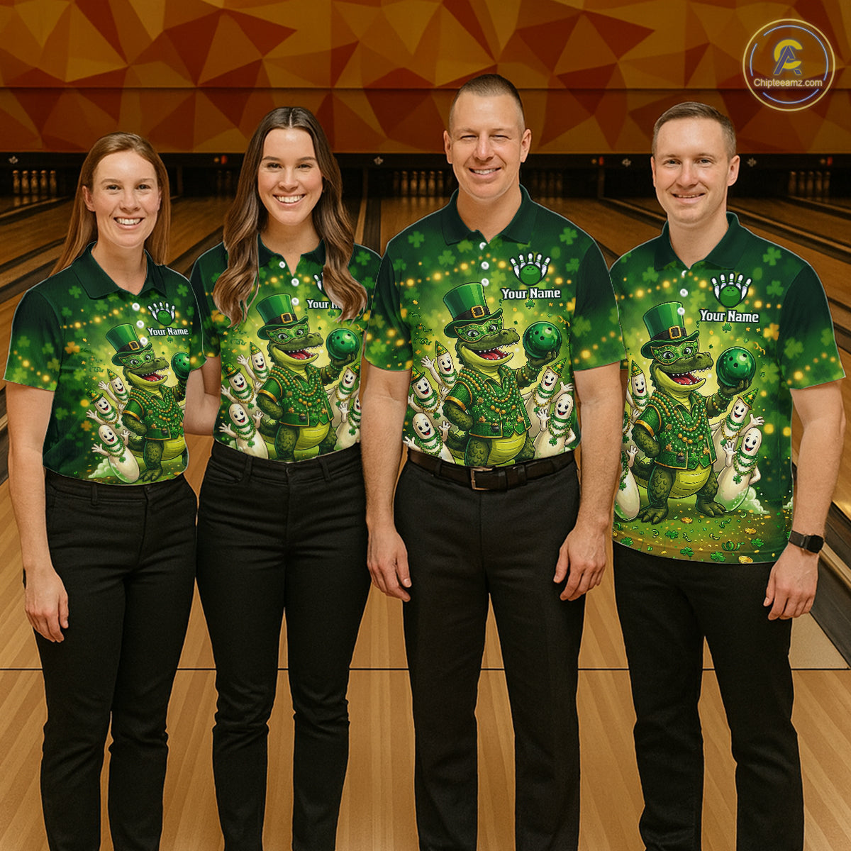 Custom Green Funny Alligator Bowling Shirt Samrock Pattern Bowling St. Patrick's Day for Women QZT935