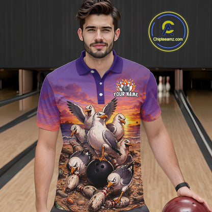 Custom Sunset Funny Gull Team Bowling Shirt for Men Bowling League Jersey Polo & Quarter-Zip QZT1017