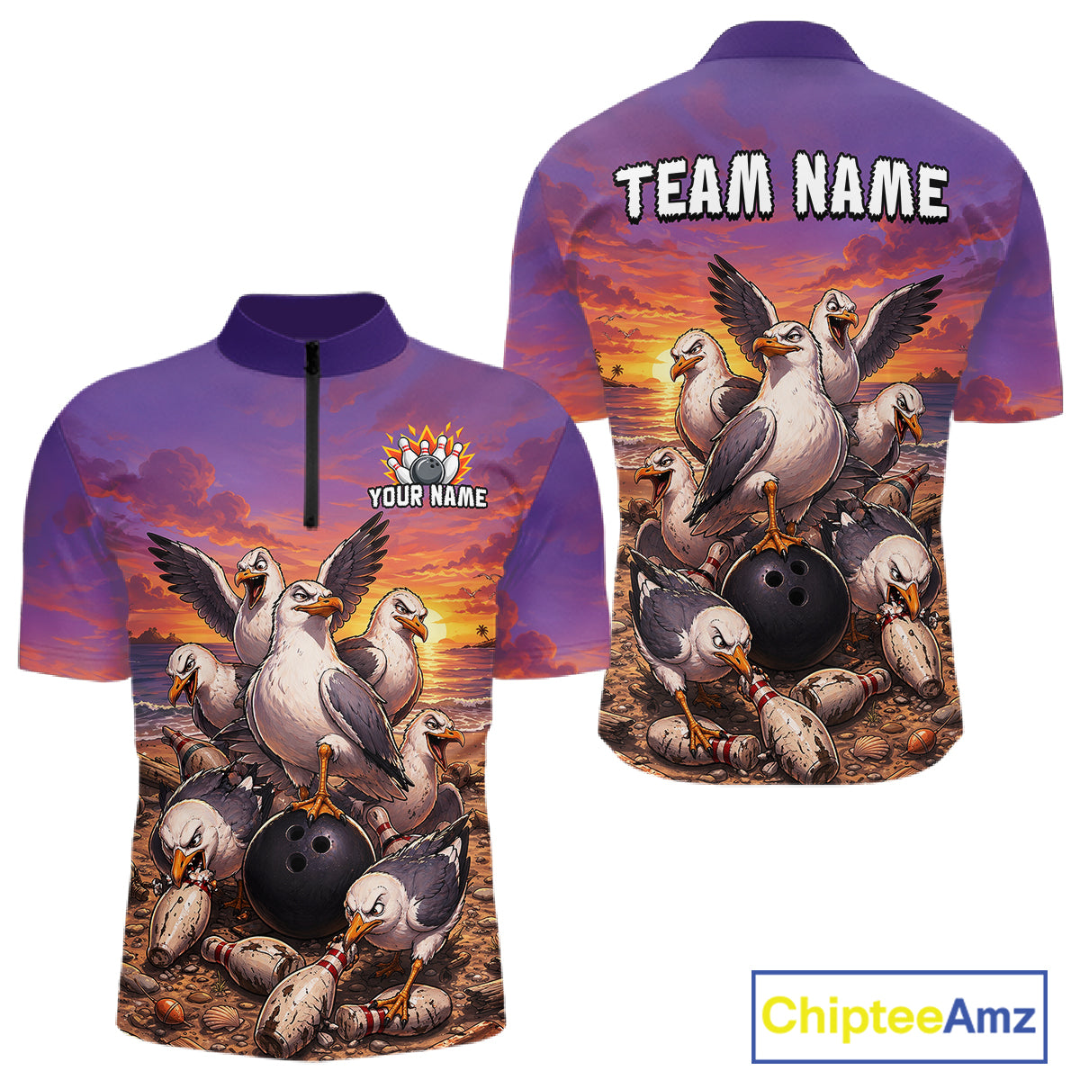Custom Sunset Funny Gull Team Bowling Shirt for Men Bowling League Jersey Polo & Quarter-Zip QZT1017