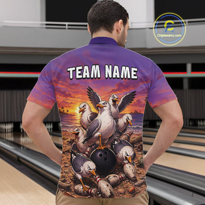 Custom Sunset Funny Gull Team Bowling Shirt for Men Bowling League Jersey Polo & Quarter-Zip QZT1017