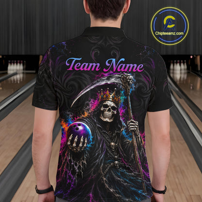 A man viewed from behind wearing a black short-sleeve polo shirt with a large graphic print of a grim reaper holding a bowling ball, with the text 'Team Name' on the back. Bowling lanes are visible in the background