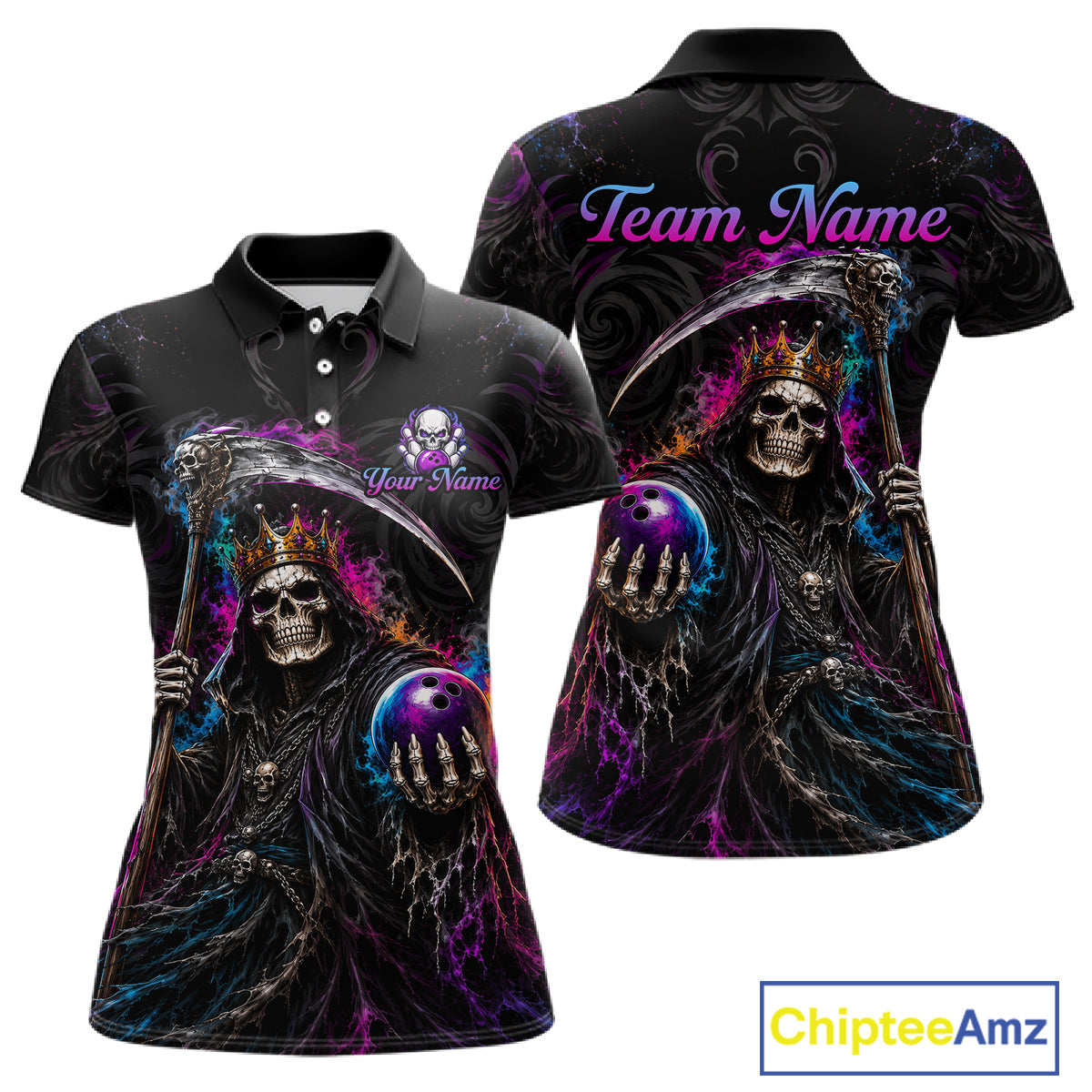 Black short-sleeve polo shirt with a Grim Reaper graphic featuring a skull in a crown, purple bowling balls, and customizable text on the front and back, shown on a white background with a ChipteeAmz logo.