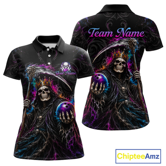 Black short-sleeve polo shirt with a Grim Reaper graphic featuring a skull in a crown, purple bowling balls, and customizable text on the front and back, shown on a white background with a ChipteeAmz logo.