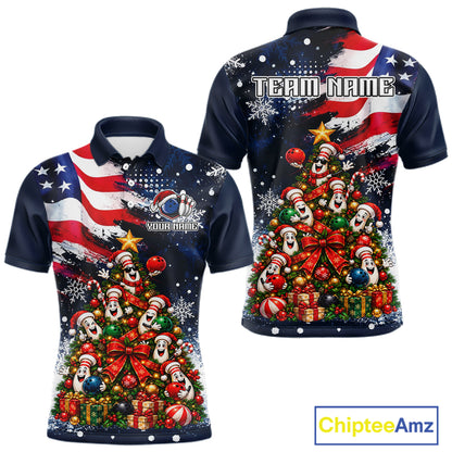 Custom American Flag Bowling Shirt for Men Funny Christmas Tree Bowling Jersey Polo & 1/4-Zip QZT1406