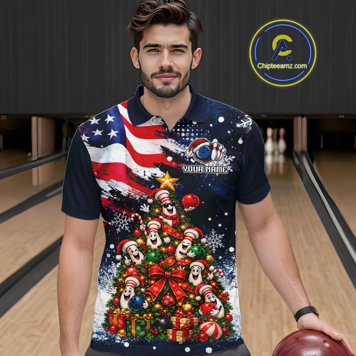 Custom American Flag Bowling Shirt for Men Funny Christmas Tree Bowling Jersey Polo & 1/4-Zip QZT1406