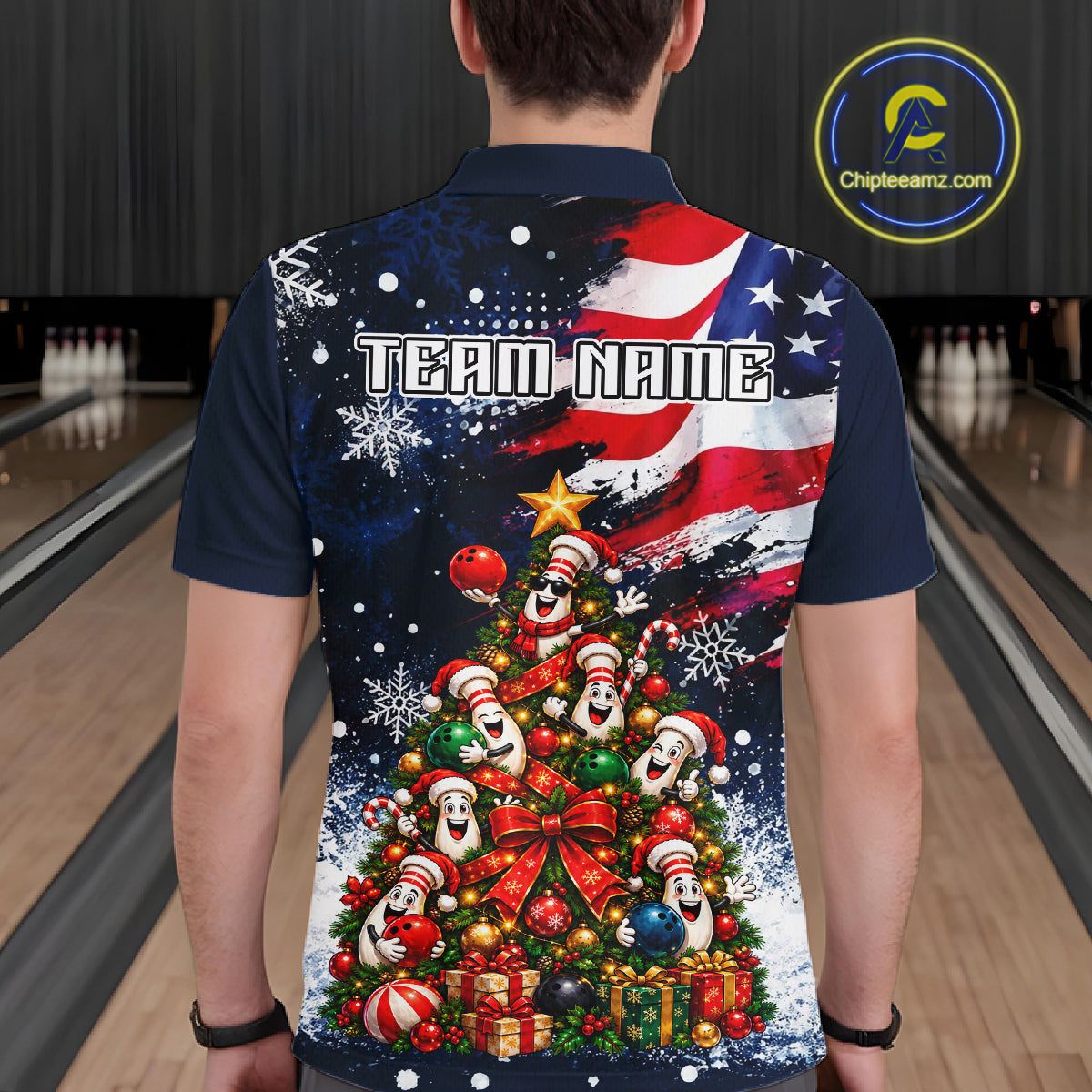Custom American Flag Bowling Shirt for Men Funny Christmas Tree Bowling Jersey Polo & 1/4-Zip QZT1406