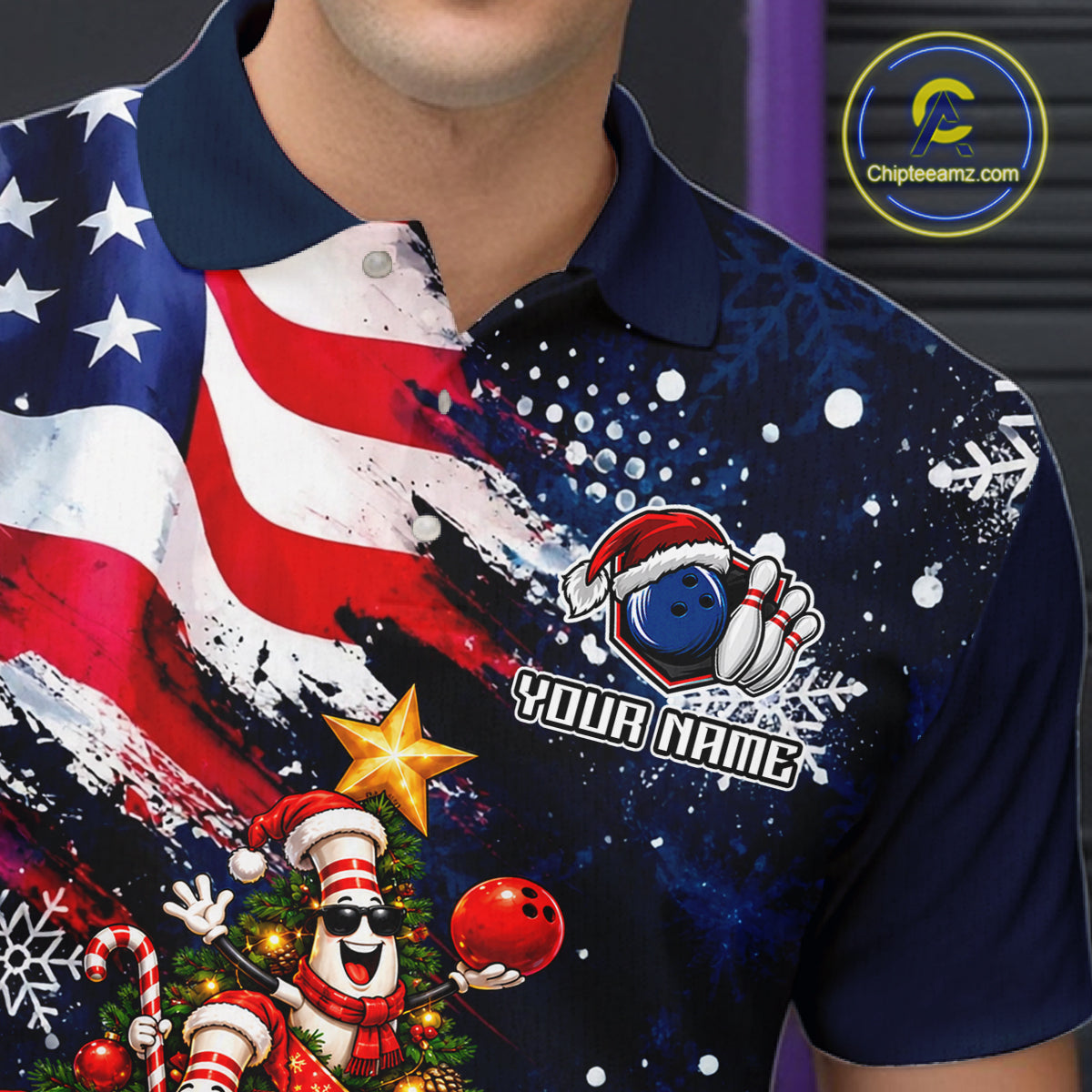 Custom American Flag Bowling Shirt for Men Funny Christmas Tree Bowling Jersey Polo & 1/4-Zip QZT1406