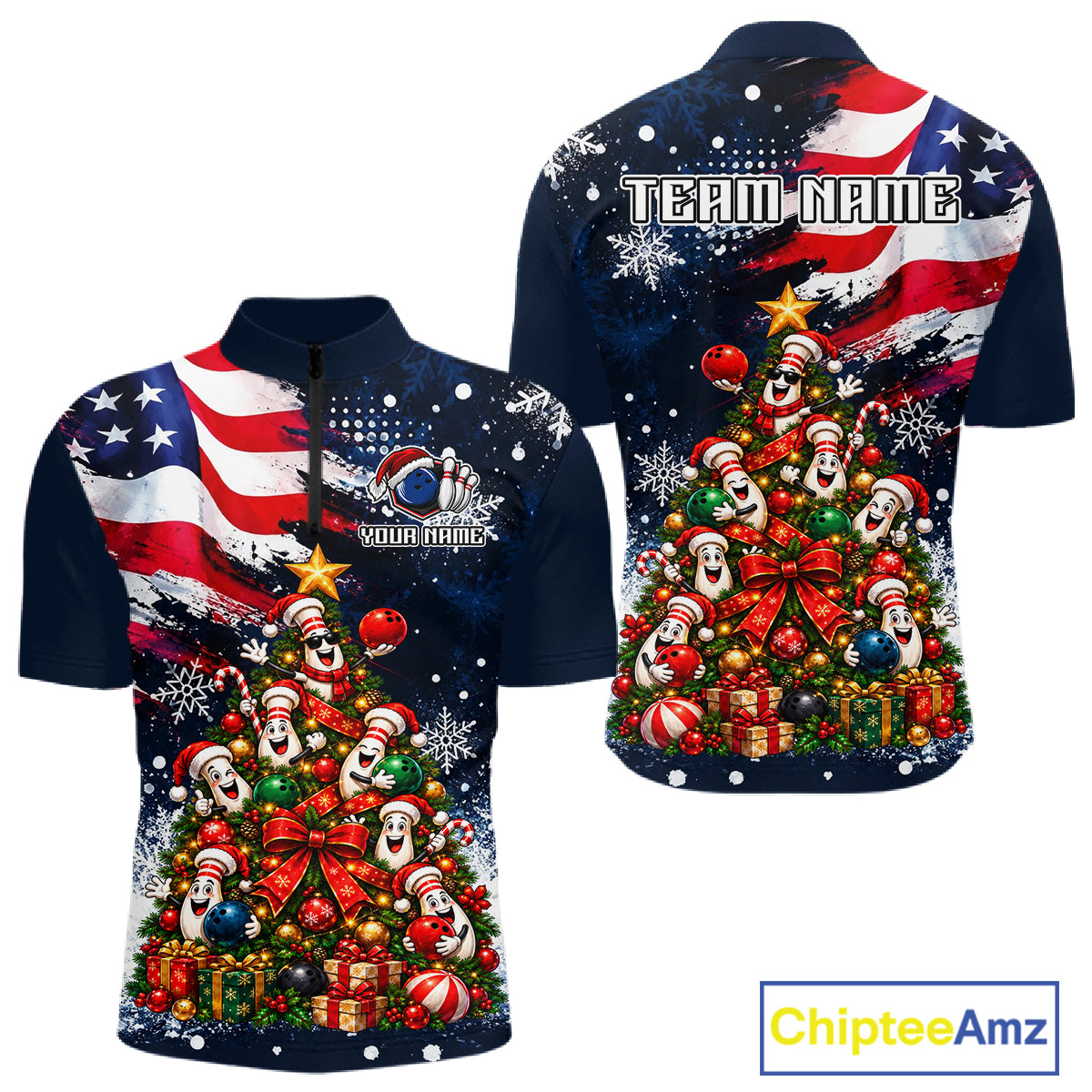 Custom American Flag Bowling Shirt for Men Funny Christmas Tree Bowling Jersey Polo & 1/4-Zip QZT1406