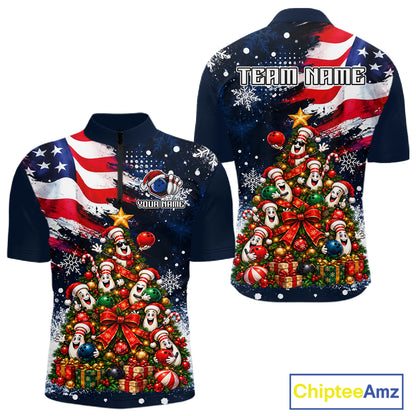 Custom American Flag Bowling Shirt for Men Funny Christmas Tree Bowling Jersey Polo & 1/4-Zip QZT1406