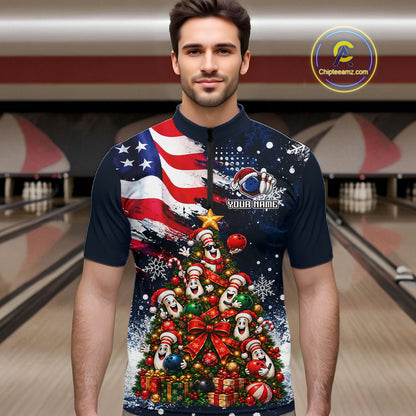 Custom American Flag Bowling Shirt for Men Funny Christmas Tree Bowling Jersey Polo & 1/4-Zip QZT1406