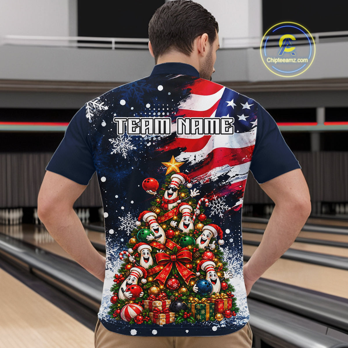Custom American Flag Bowling Shirt for Men Funny Christmas Tree Bowling Jersey Polo & 1/4-Zip QZT1406