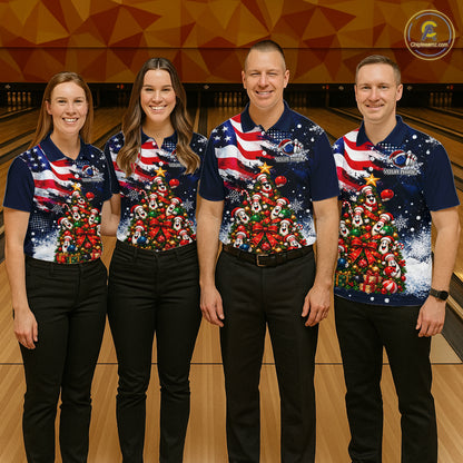 Custom American Flag Bowling Shirt for Men Funny Christmas Tree Bowling Jersey Polo & 1/4-Zip QZT1406