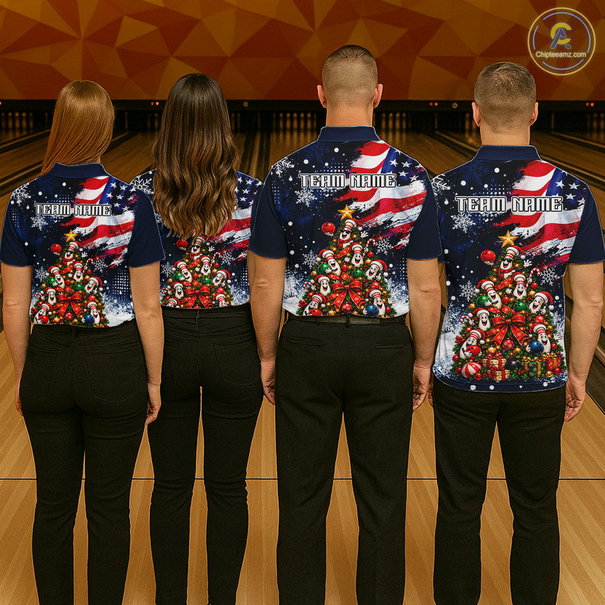 Custom American Flag Bowling Shirt for Men Funny Christmas Tree Bowling Jersey Polo & 1/4-Zip QZT1406