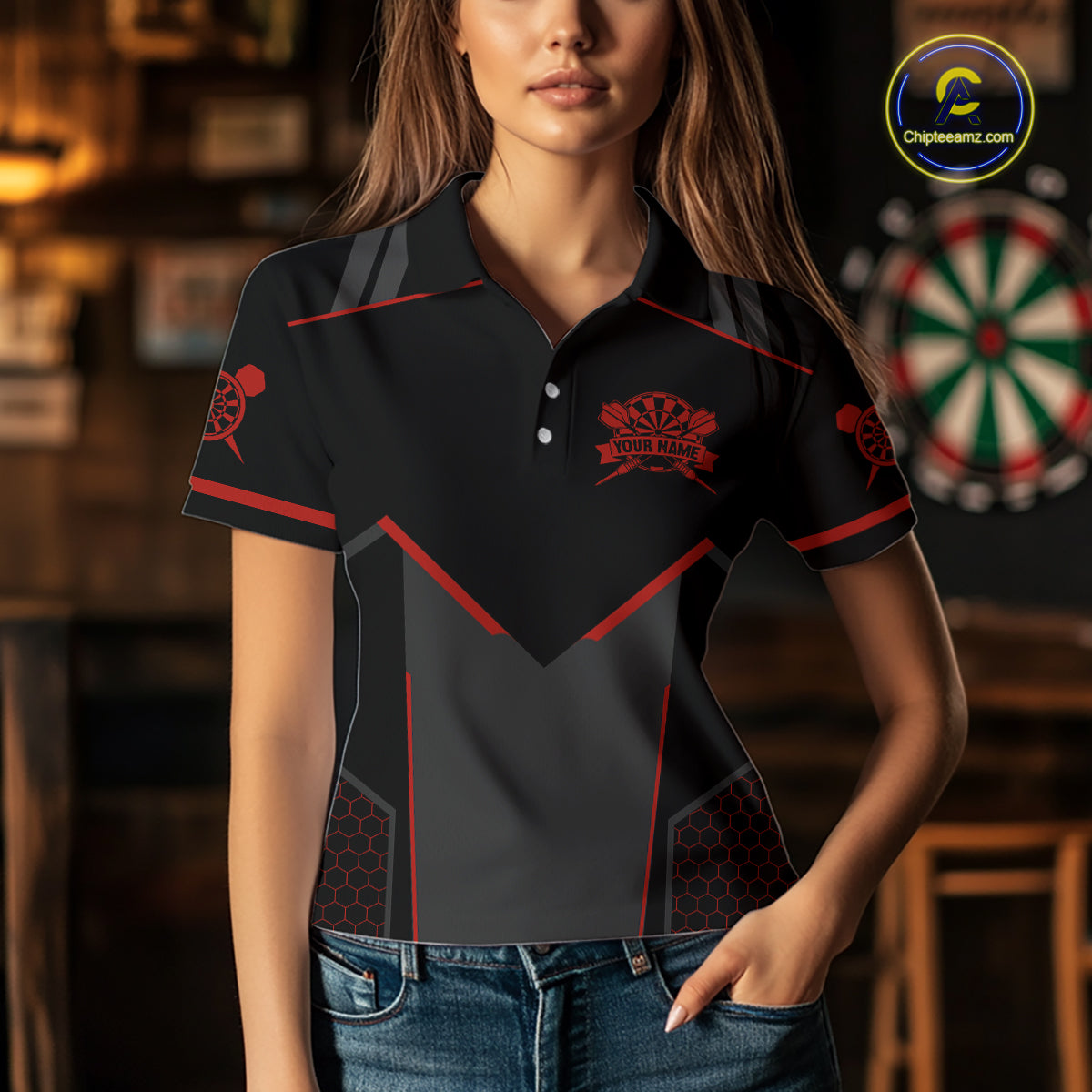Personalized Red Dart Team Shirt for Women Custom Dart Jersey Polo & 1/4-Zip Dartboard Outfit DHT16