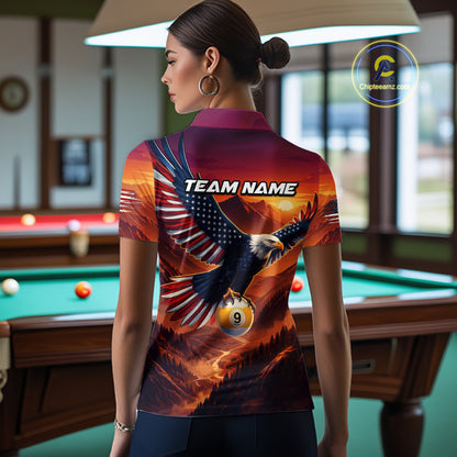 Woman wearing a sports jersey with an eagle and American flag design in a pool hall.