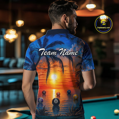 Man wearing a blue shirt with a sunset design and 'Team Name' text, standing in a pool hall.