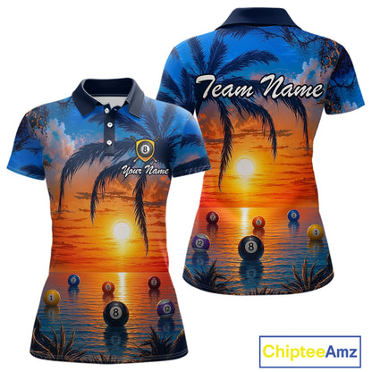 Two views of polo shirts with a tropical design featuring palm trees, sunset, and pool balls. One shirt has 'Team Name' and 'Your Name' text.