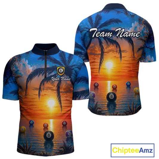 Two views of jerseys with a tropical sunset design featuring billiard balls and palm trees, branded 'Chiptee Amz'.