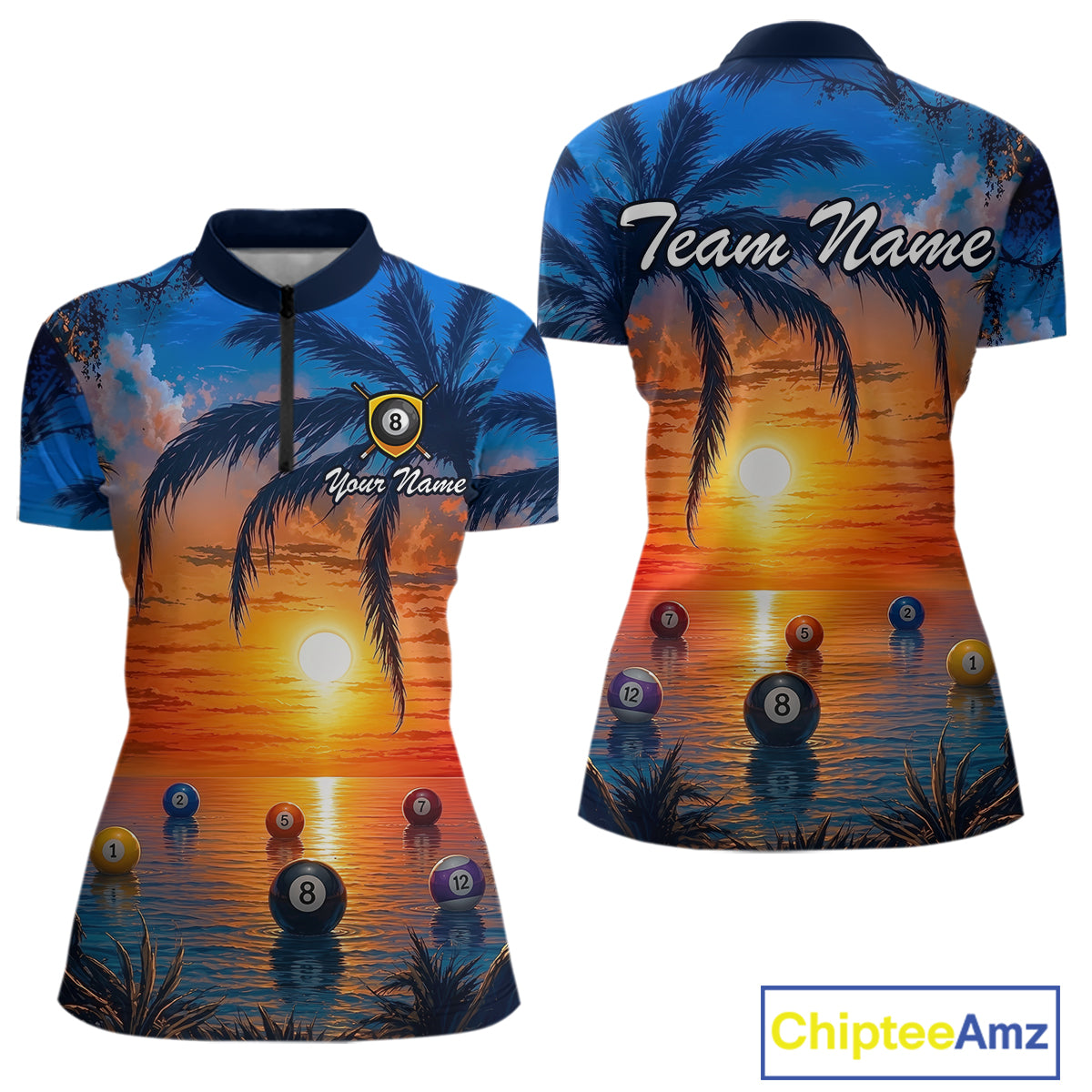 Two views of quarter-zip jerseys with sunset design and pool balls, customizable with 'Team Name' and 'Your Name'. Brand 'Chiptee Amz' visible.