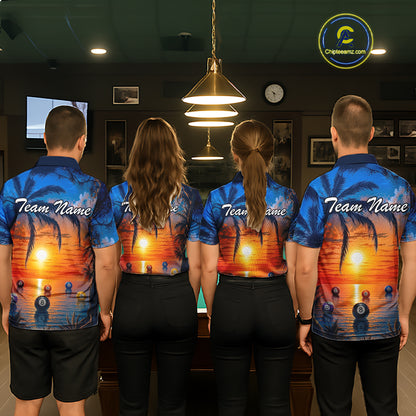 Four people wearing matching blue and orange sports jerseys with 'Team Name' printed on them, standing in a room with a pool table.