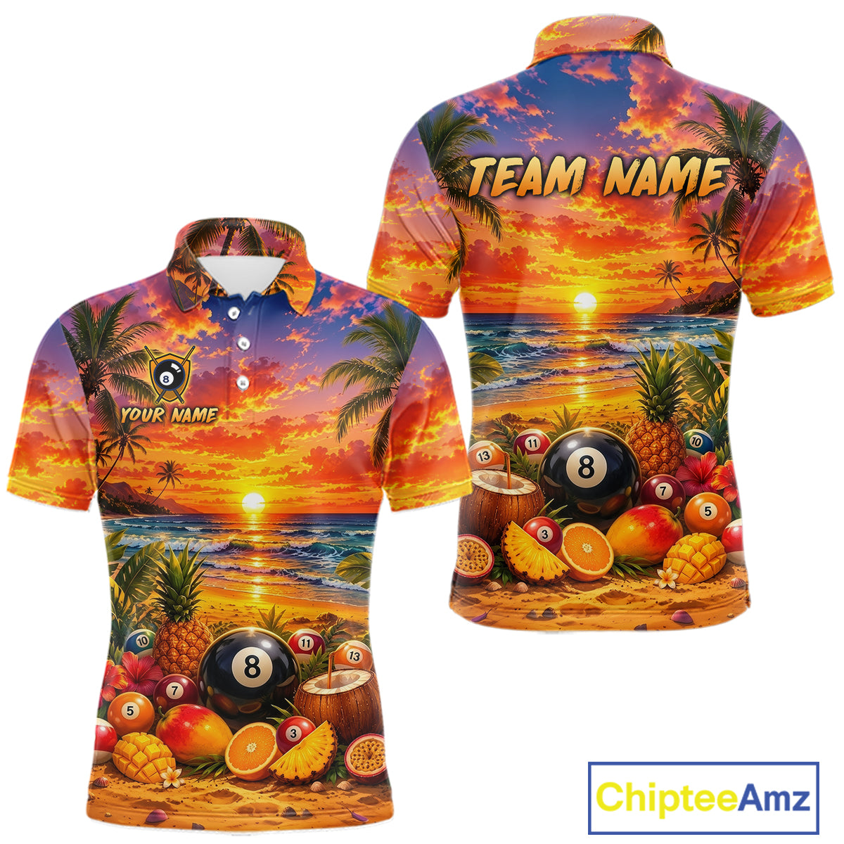 Colorful polo shirt with tropical design, pool balls, and fruits on a sunset background.