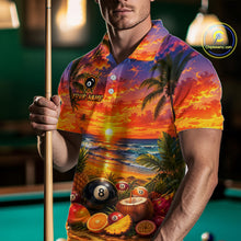 Load image into Gallery viewer, Person wearing a tropical sunset polo shirt with a pool theme and palm trees, holding a pool cue.