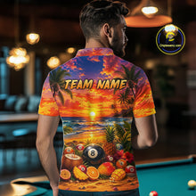 Load image into Gallery viewer, Man wearing a colorful shirt with a tropical design and 'Team Name' text, standing in a pool hall.