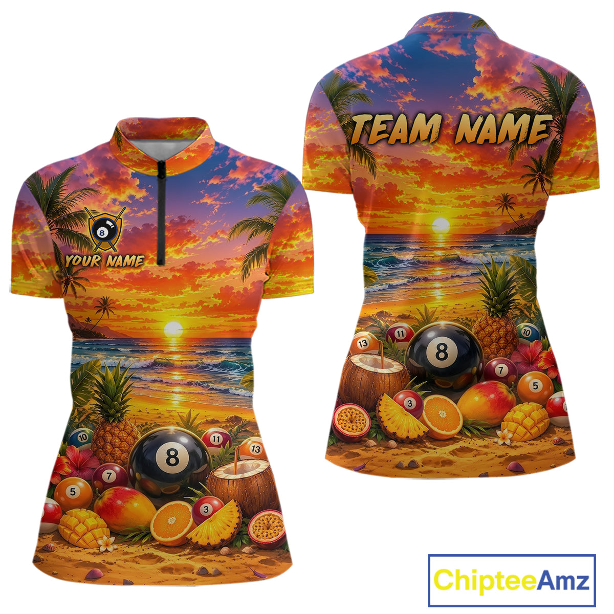 Two views of a jerseys outfit with a tropical design featuring fruits, billiards balls, and palm trees.