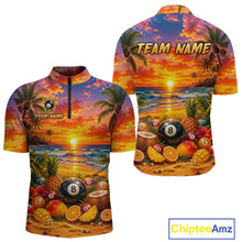 Load image into Gallery viewer, Tropical-themed shirt with sunset design, pool balls, and fruits on a white background.
