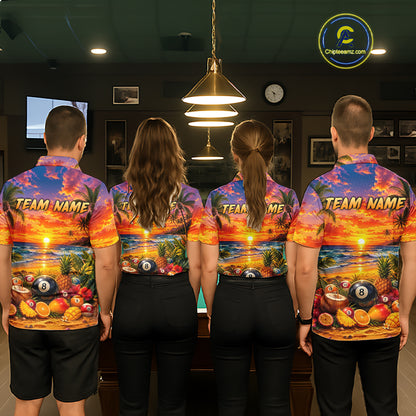 Four people wearing matching colorful shirts with a sunset design and 'Team Name' text in a casual setting.