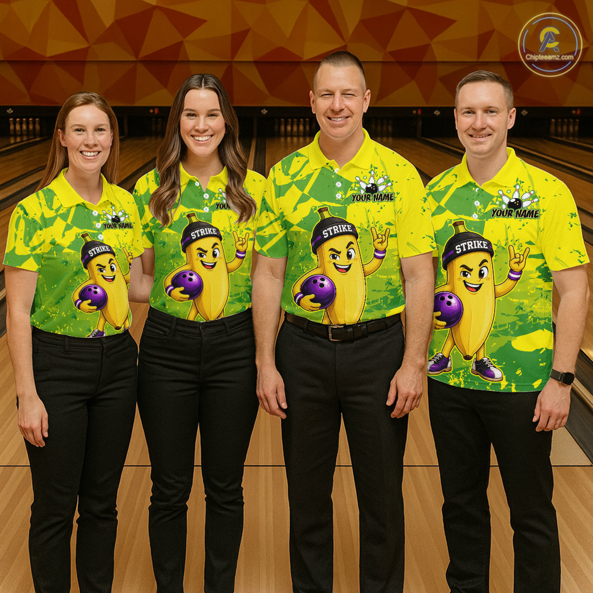 Group of four wearing custom yellow banana bowling shirts front view featuring a funny cartoon fruit and bowling ball at the bowling alley