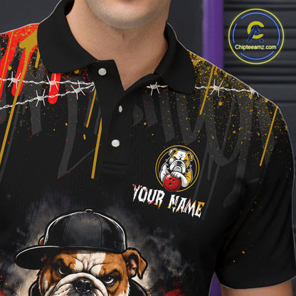 Close-up front view of custom black bulldog bowling polo shirt showing Your Name, fierce cartoon bulldog graphic and paint drip pattern