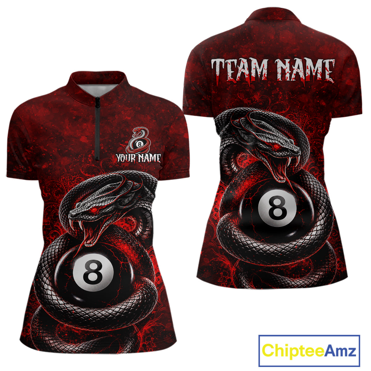 Front and back views of a short-sleeve quarter-zip shirt with a red and black snakes and 8-ball pool design, featuring customizable text areas on the chest and back, shown on a white background with a ChipteeAmz logo in the corner.