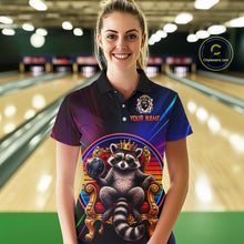 Load image into Gallery viewer, Person wearing a colorful bowling shirt with a raccoon design in a bowling alley.