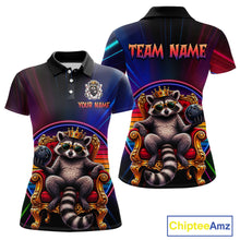 Load image into Gallery viewer, Two views of neon polo shirt with raccoon design and customizable text on a white background