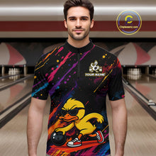 Load image into Gallery viewer, A man wearing a short-sleeve black quarter-zip bowling jersey with a colorful paint-splatter design and a cartoon duck graphic on the front, standing in a bowling alley. A circular 'Chipeeamz.