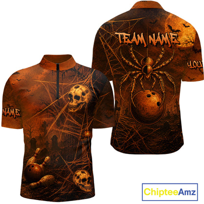 A short-sleeve collared shirt shown from both front and back, featuring a Halloween-themed graphic print in orange, brown, and black. The design includes a large spider over a bowling ball, skulls, cobwebs, bats, and the text 'TEAM NAME' and 'YOUR NAME'.