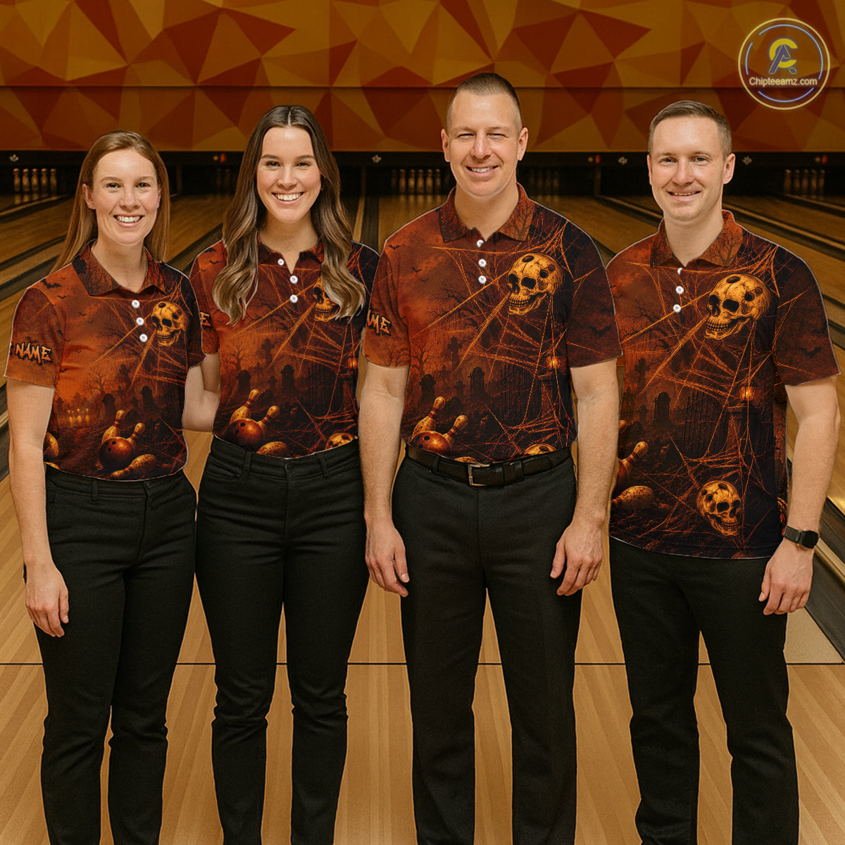 Four people standing together in a bowling alley wearing matching dark brown and black polo shirts with a skull and web design, paired with black pants. 