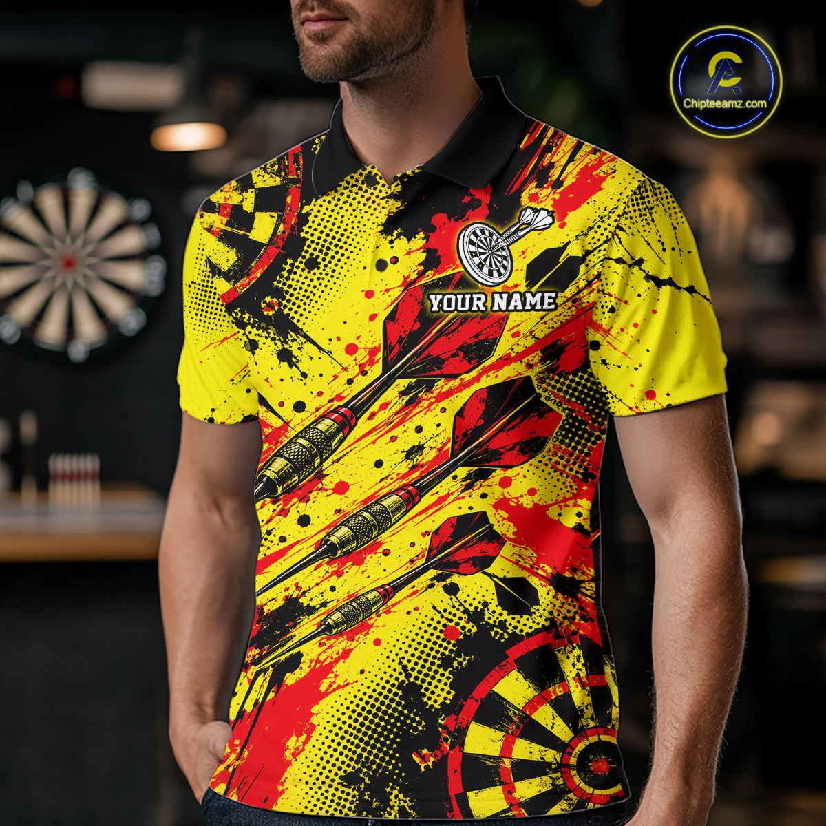 Custom Yellow Red Paint Splatter Darts Shirt for Men Dartboard Jersey Polo & 1/4 Zip DHT115