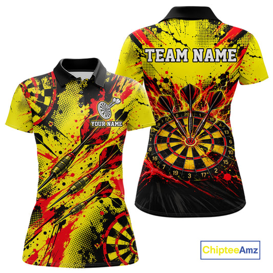 Custom Yellow Red Paint Splatter Darts Shirt for Women Dartboard Jersey Polo & 1/4 Zip DHT115